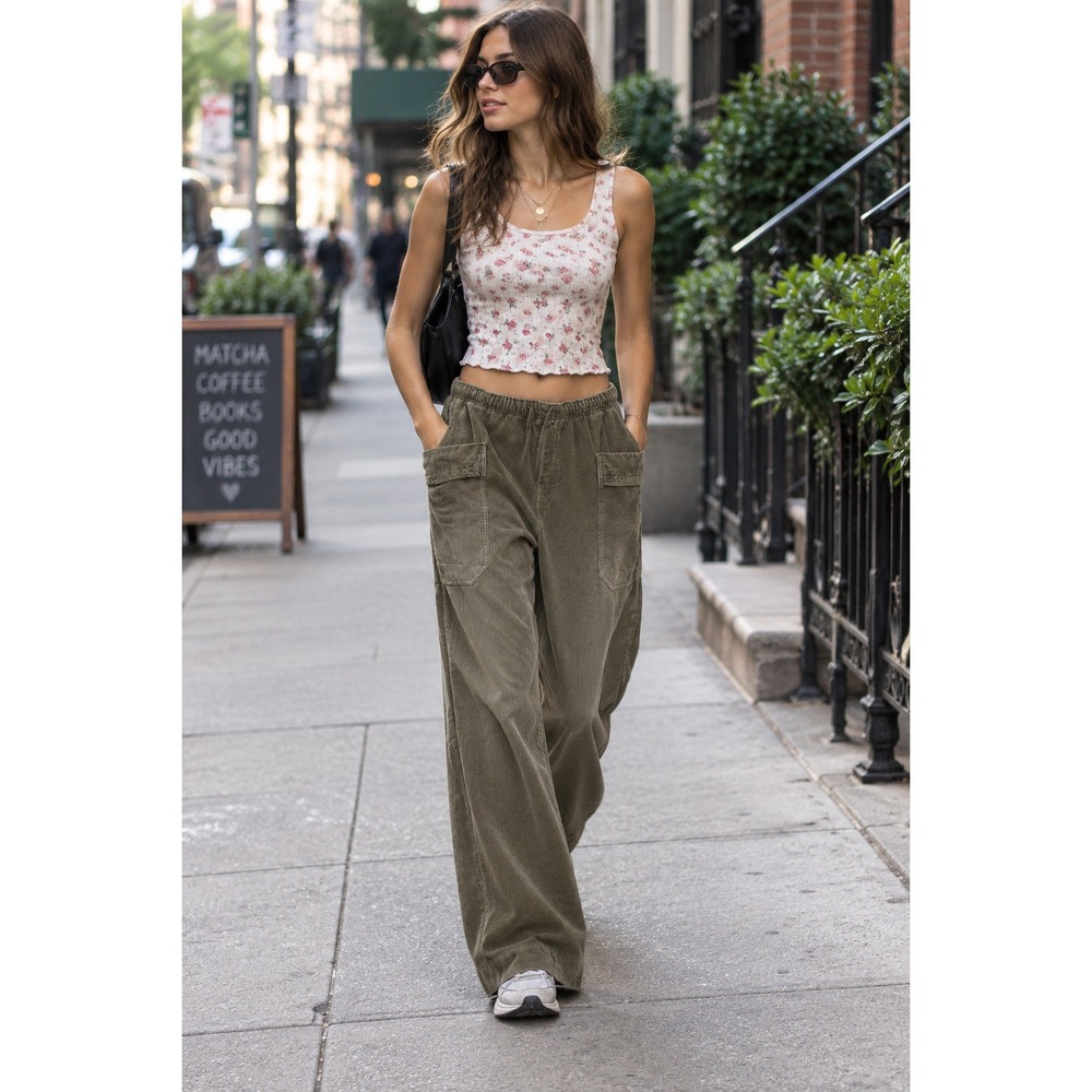 Kimchi Blue Womens Small Pants Olive Green Corduroy Wide Leg Drawstring